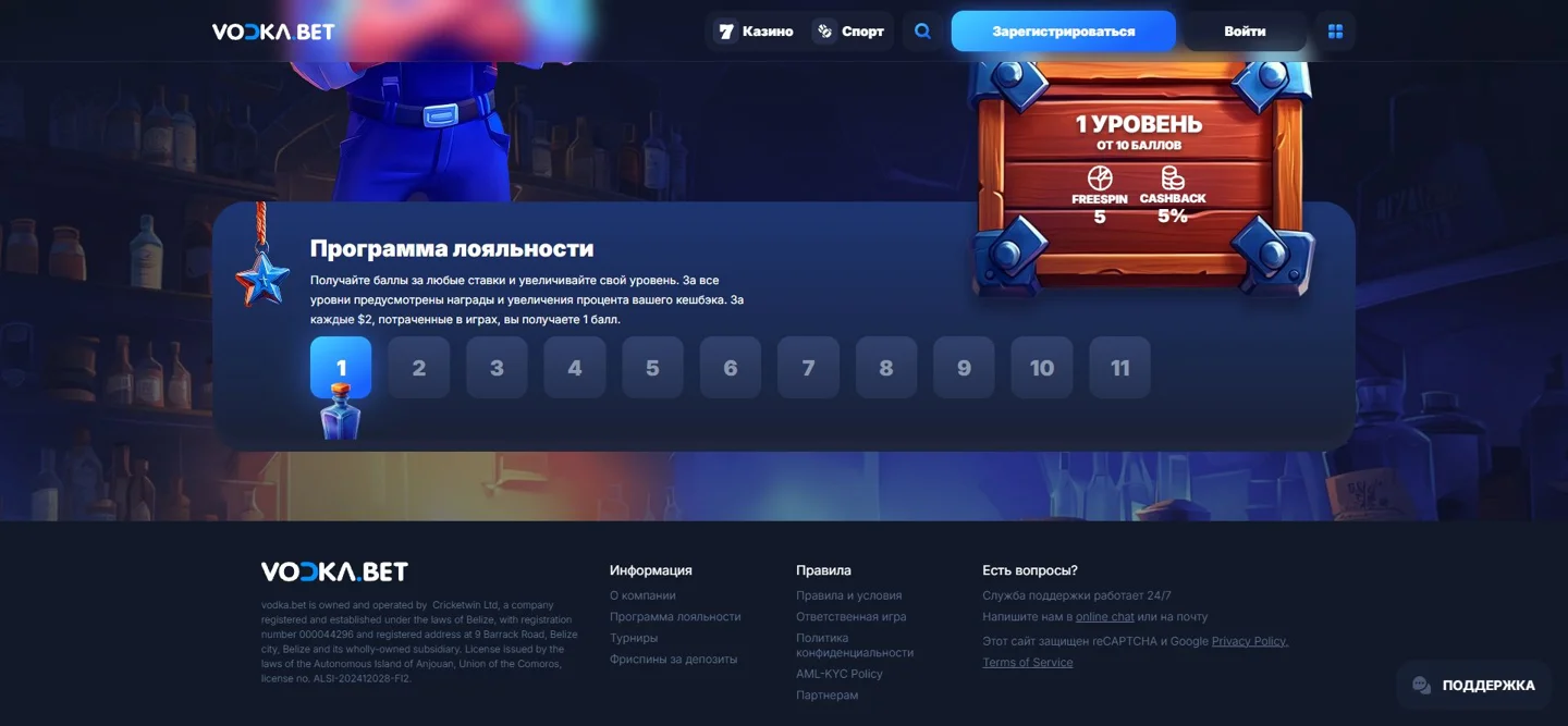 Программа лояльности Vodka Casino на странице VIP